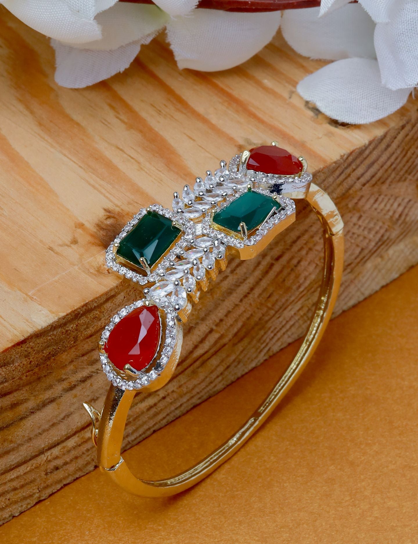 Royal Tricolor Gemstone Gold Bangle