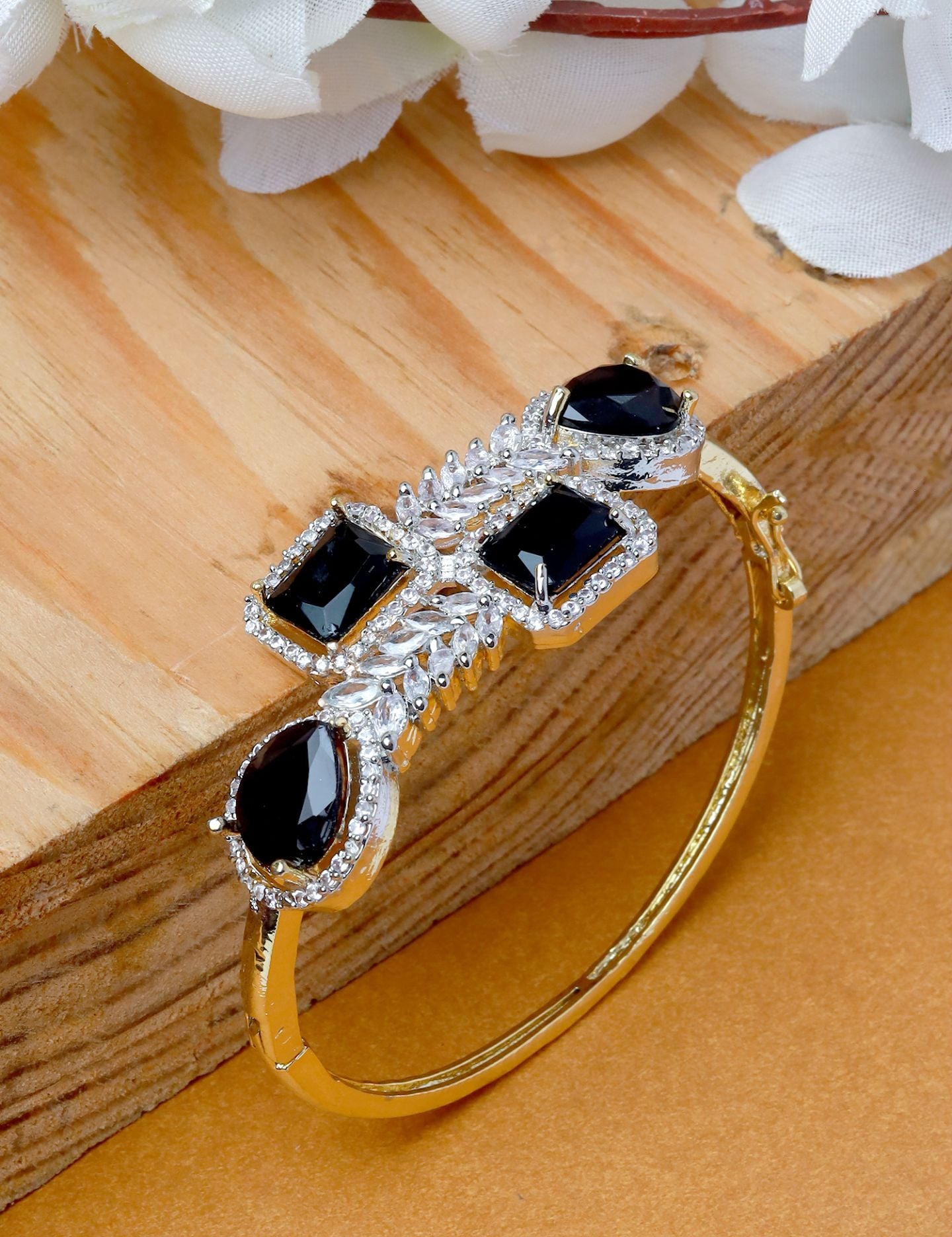 Midnight Elegance Stone-Studded Gold Bangle