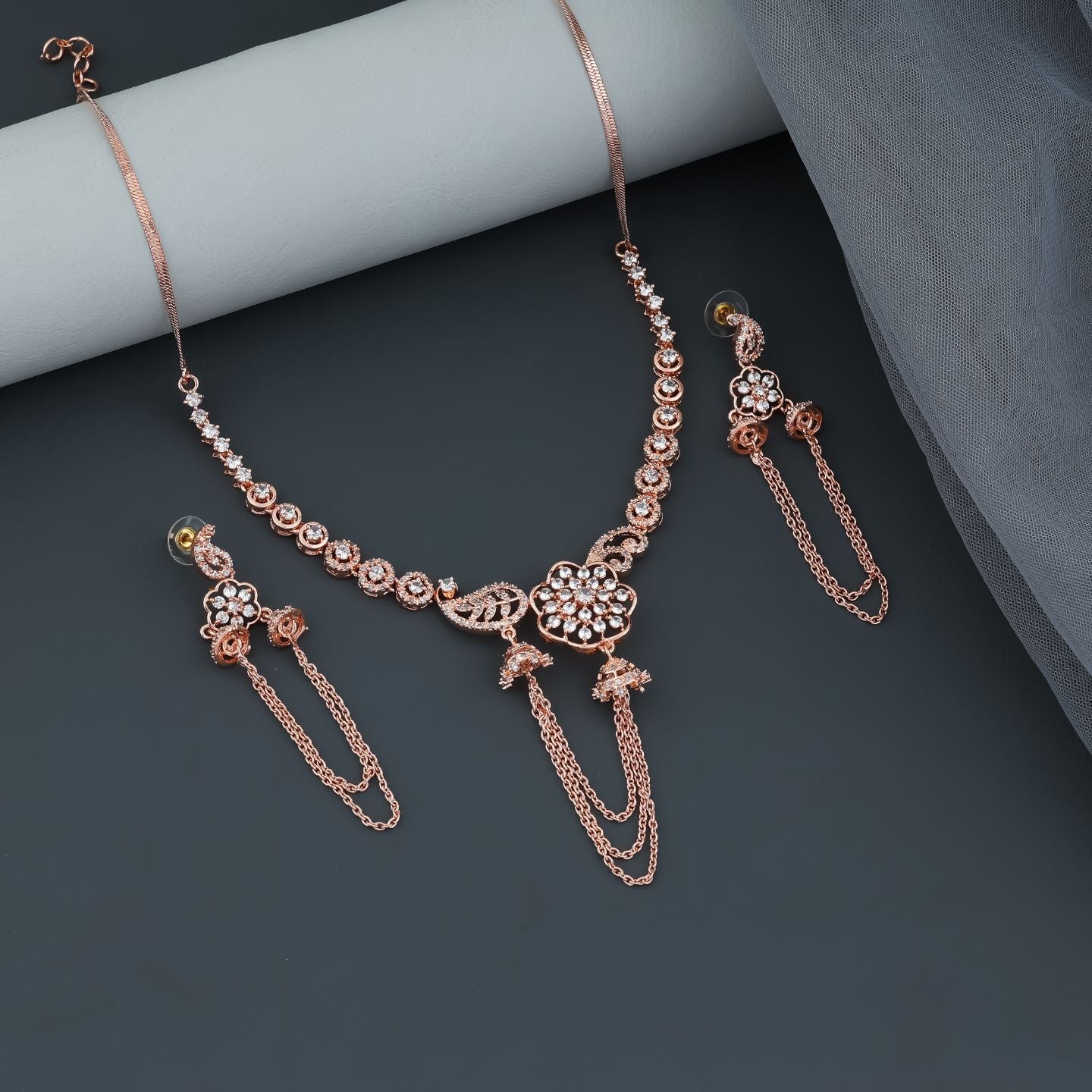 Rose Gold Floral Drop Necklace Set