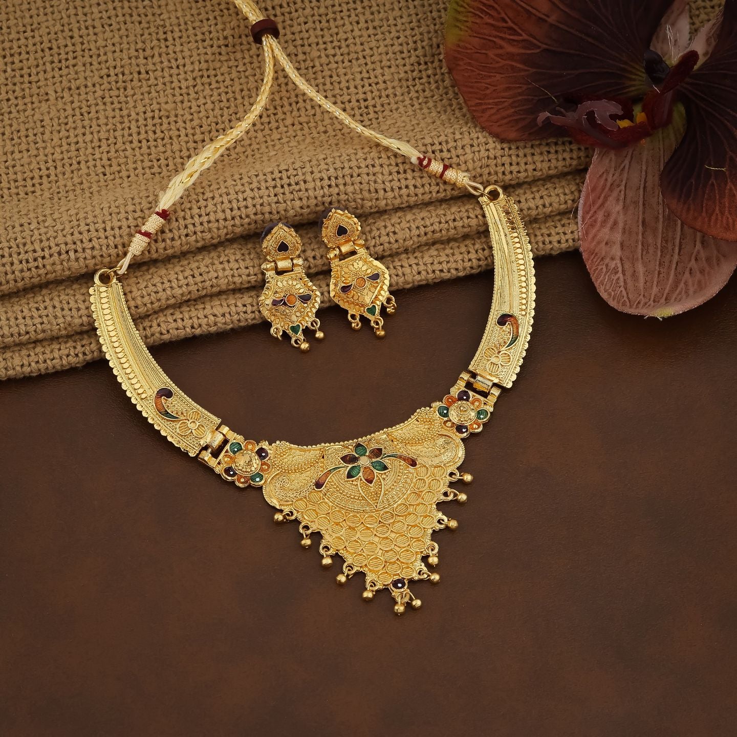 Traditional Floral Peacock Antique Gold Necklace Set