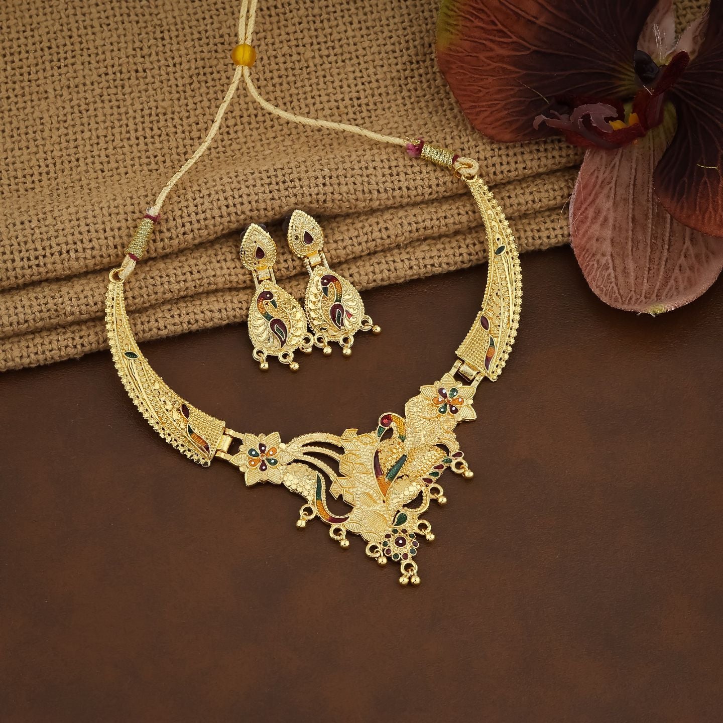 Peacock Elegance Antique Gold Necklace Set