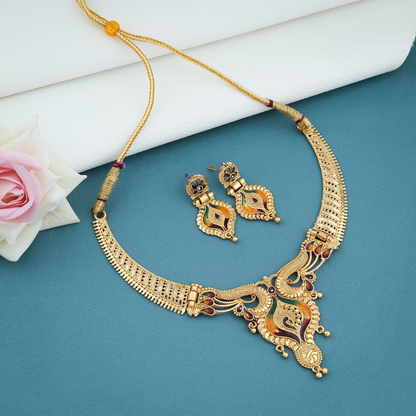 Elegant Peacock Paisley Gold Necklace Set