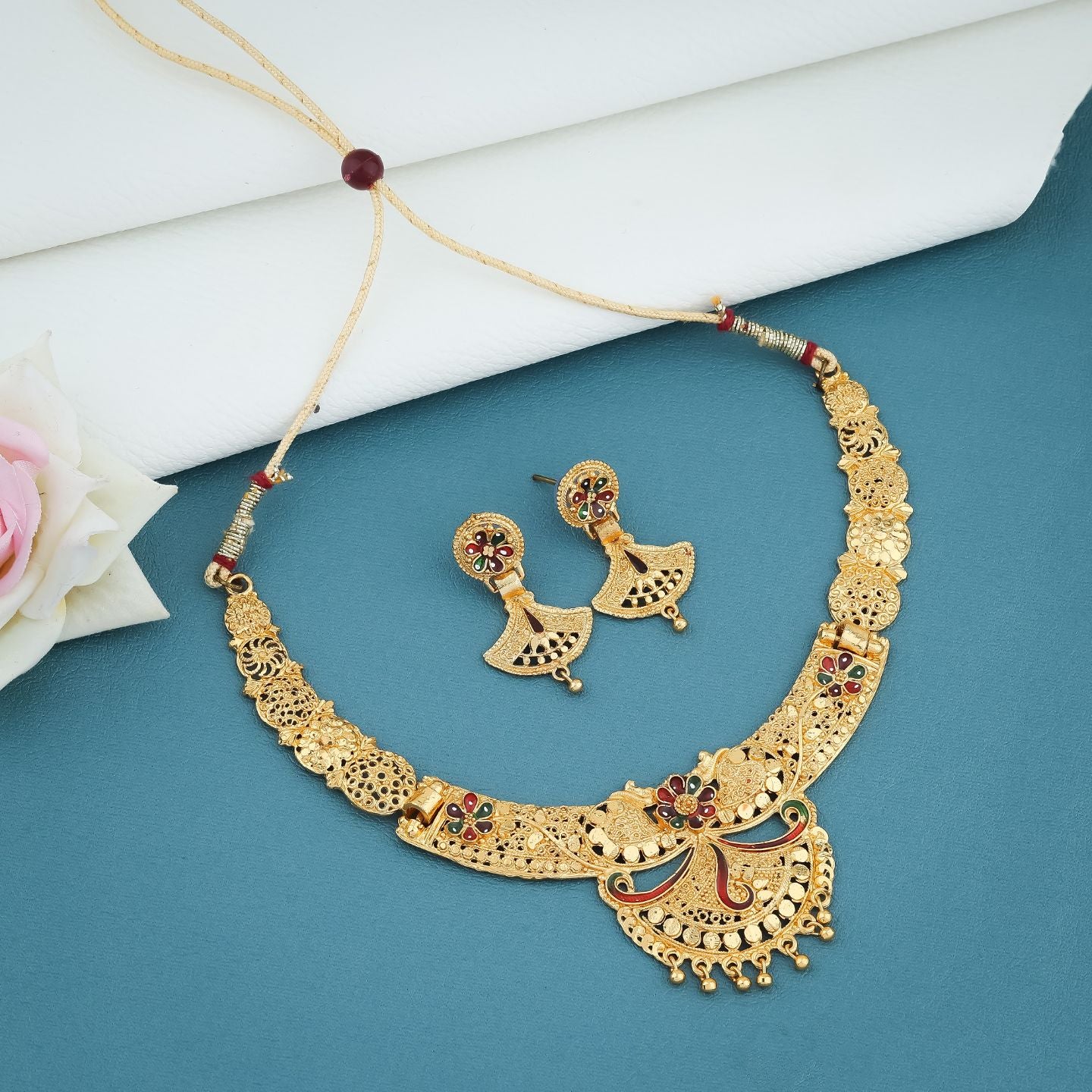 Floral Filigree Antique Gold Necklace Set