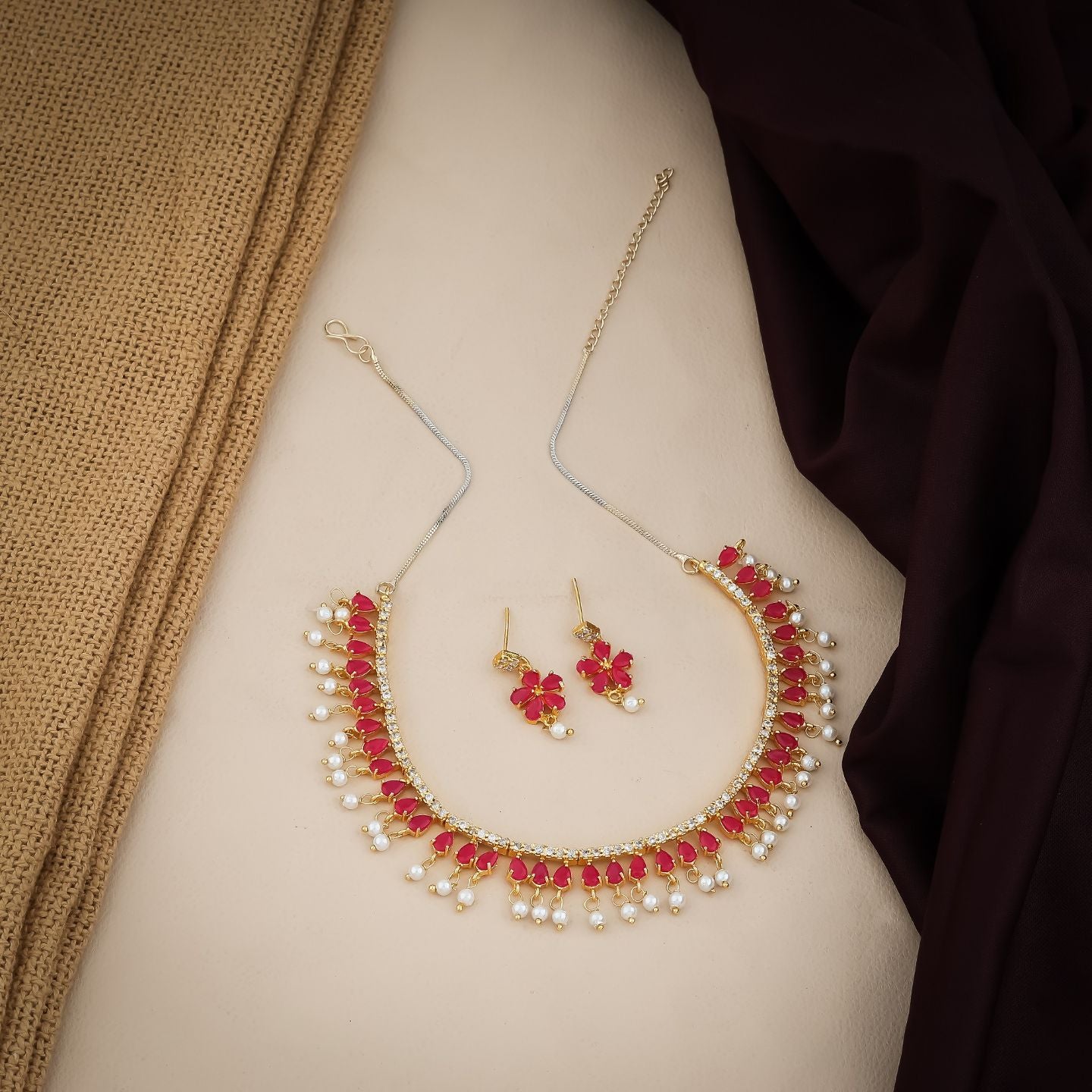 Ruby Bloom Pearl Fringe Necklace Set