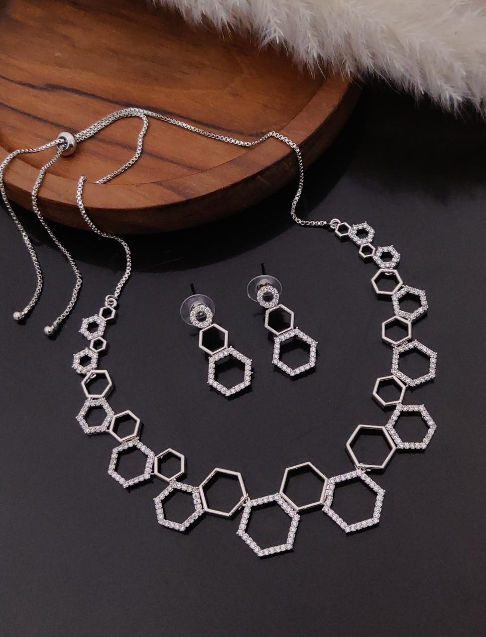 HexaShine Silver Geometric Necklace Set