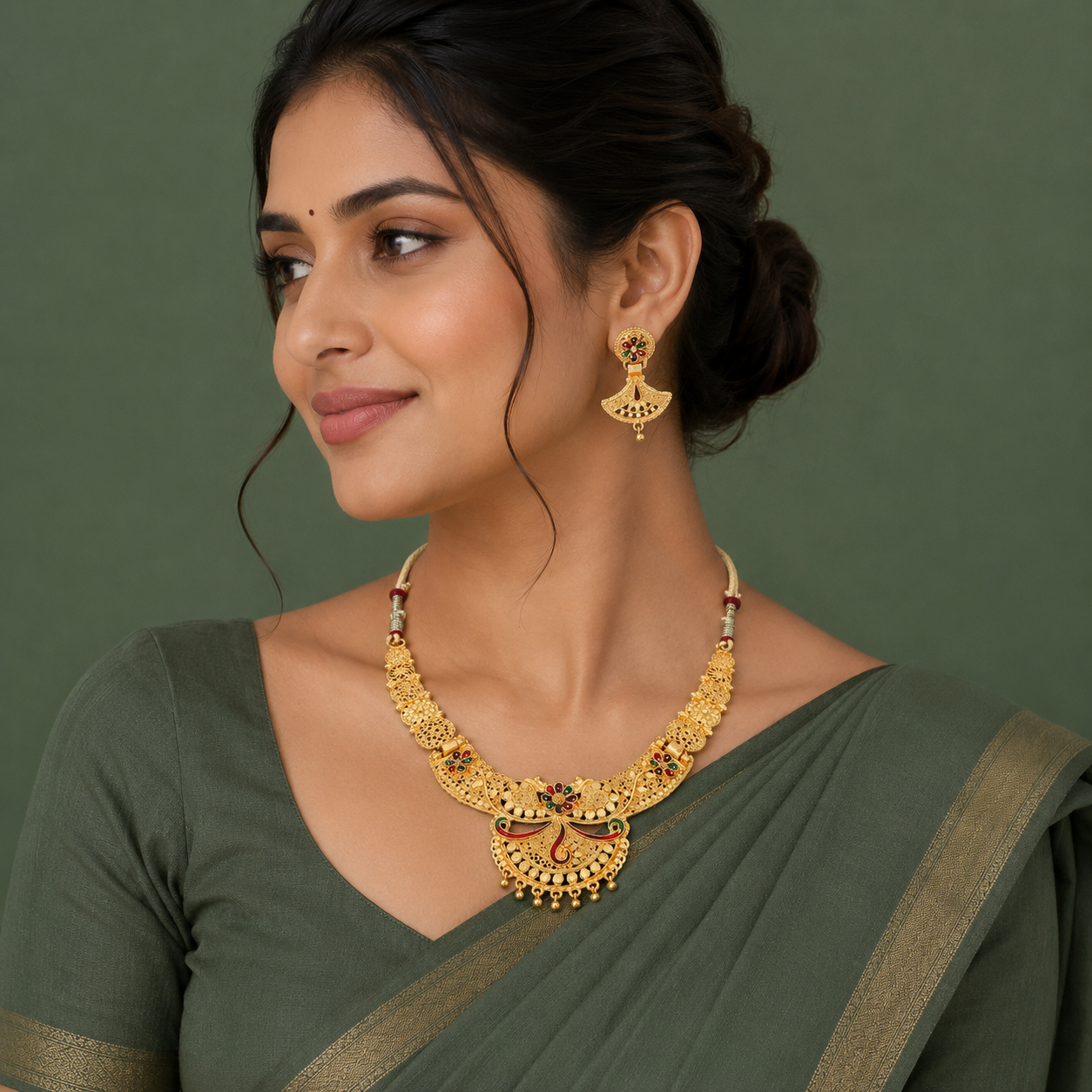 Floral Filigree Antique Gold Necklace Set