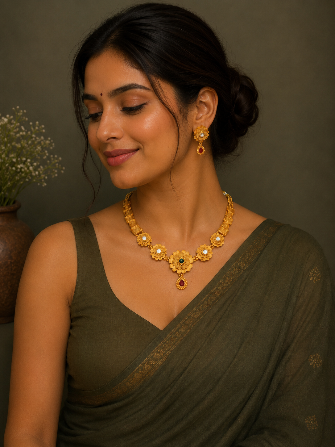 Classic Floral Antique Gold Necklace Set