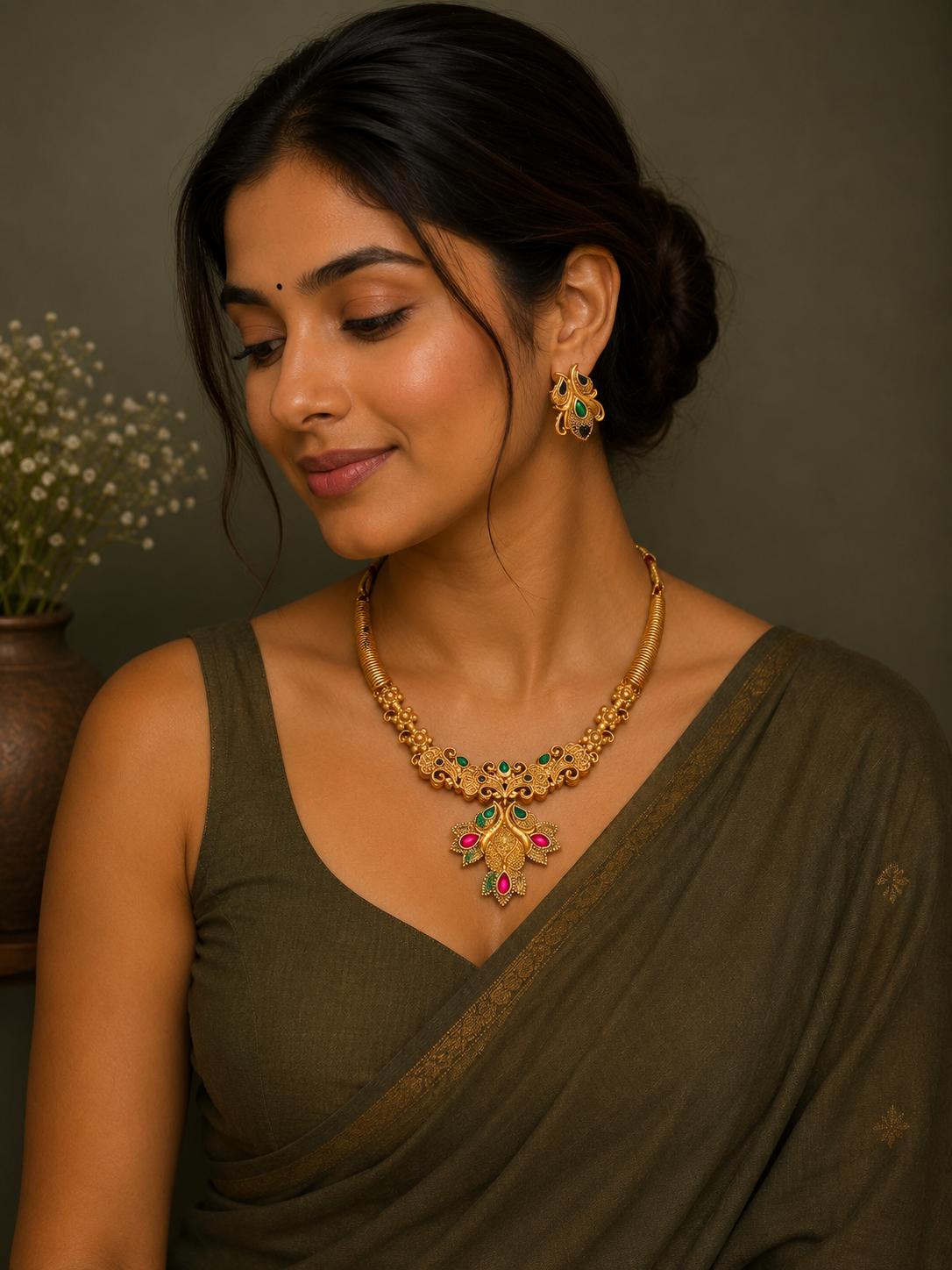 Antique Peacock Motif Gold Necklace Set