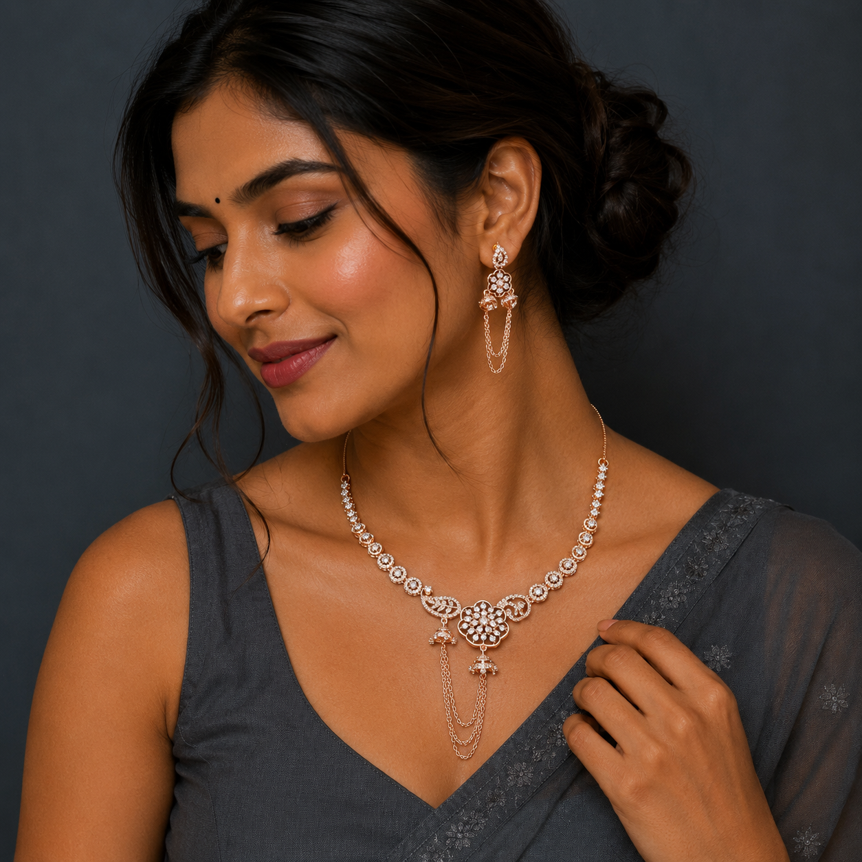 Rose Gold Floral Drop Necklace Set