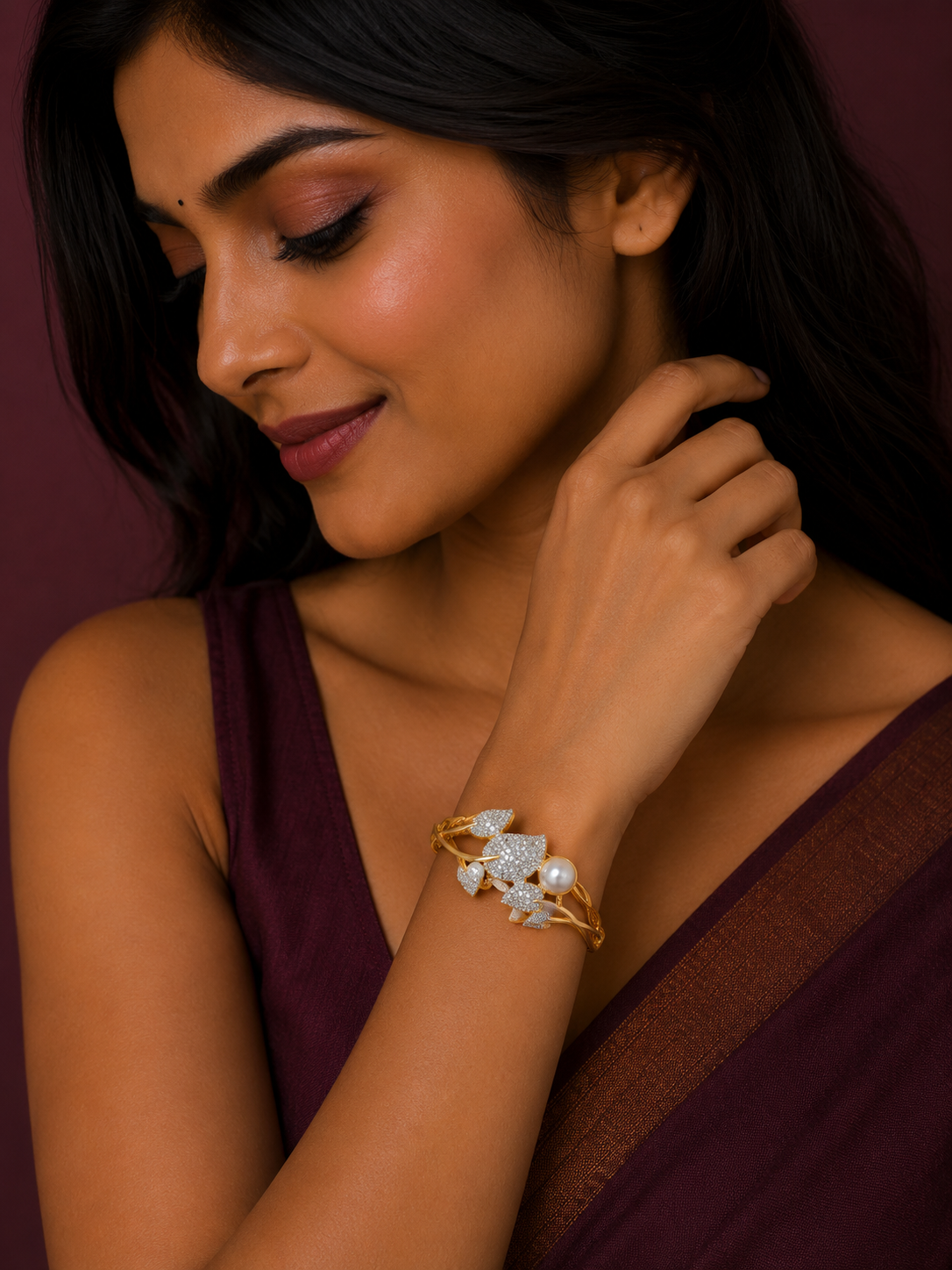 Golden Pearl & Crystal Leaf Designer Bracelet
