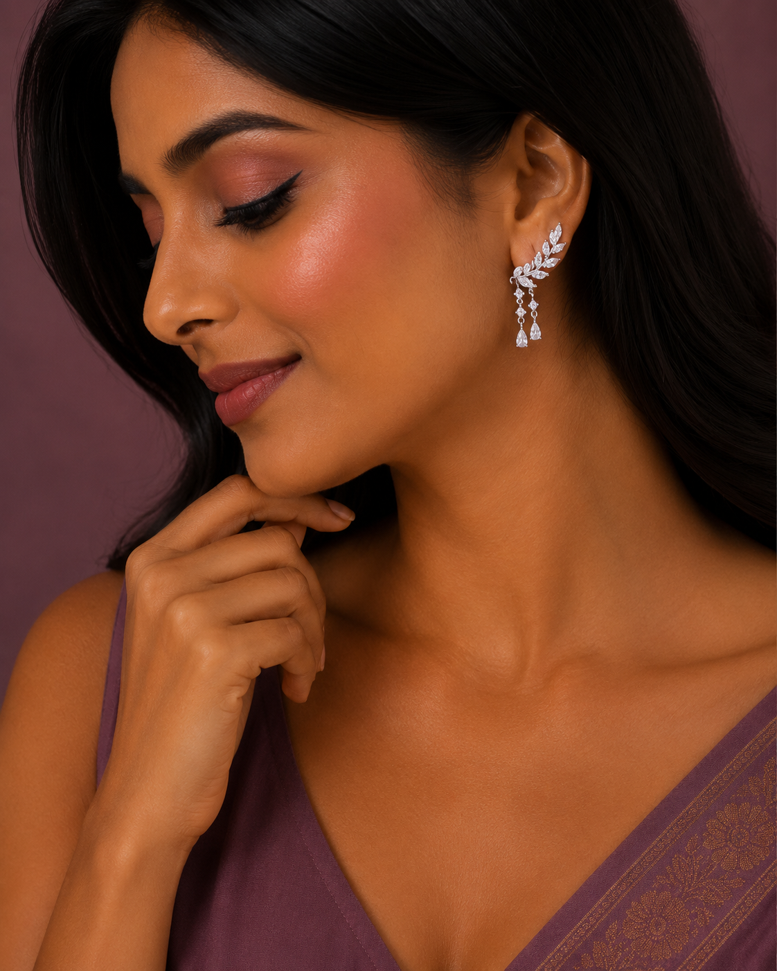 Elegant Crystal Leaf Ear Climber Earrings