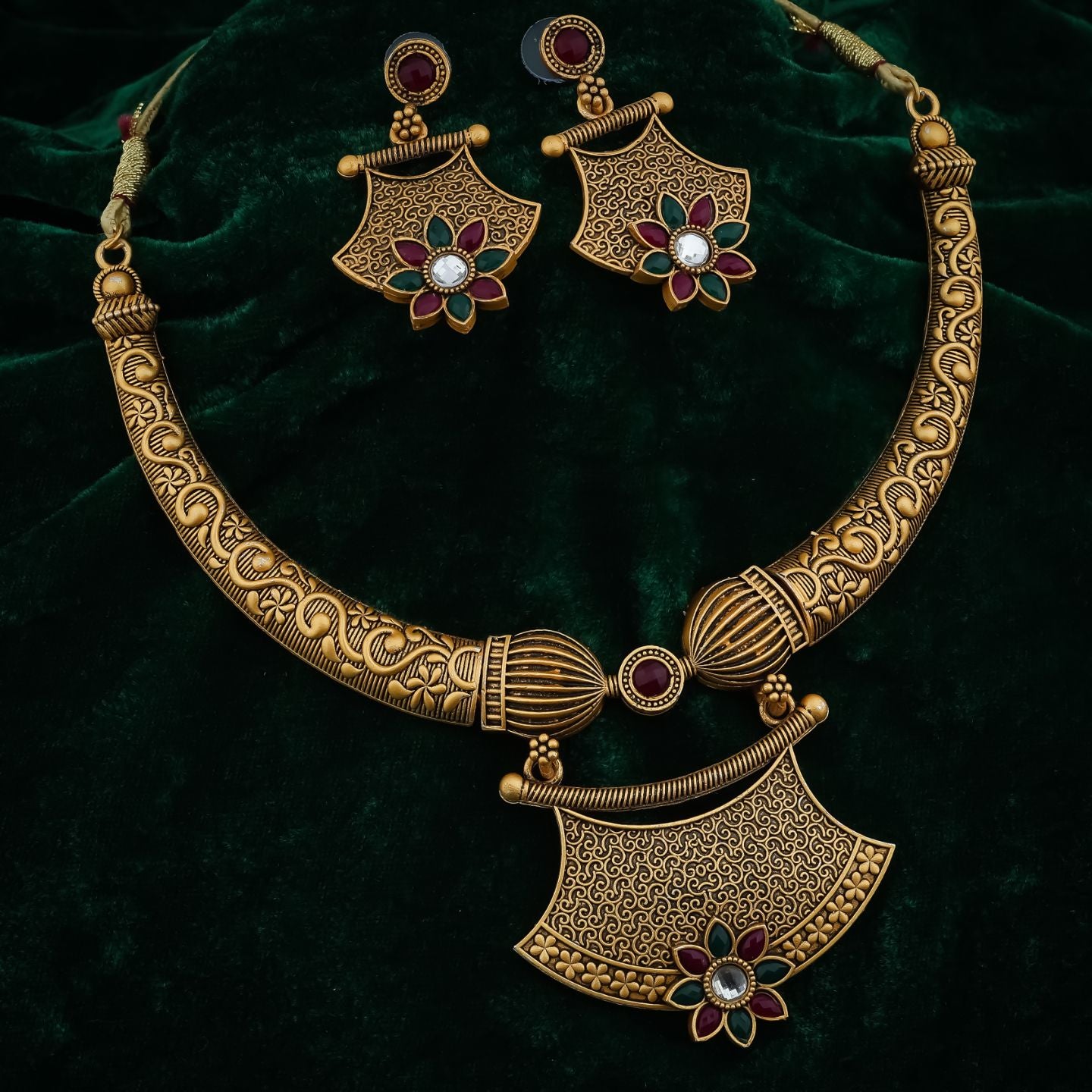 Antique Floral Filigree Temple Necklace Set