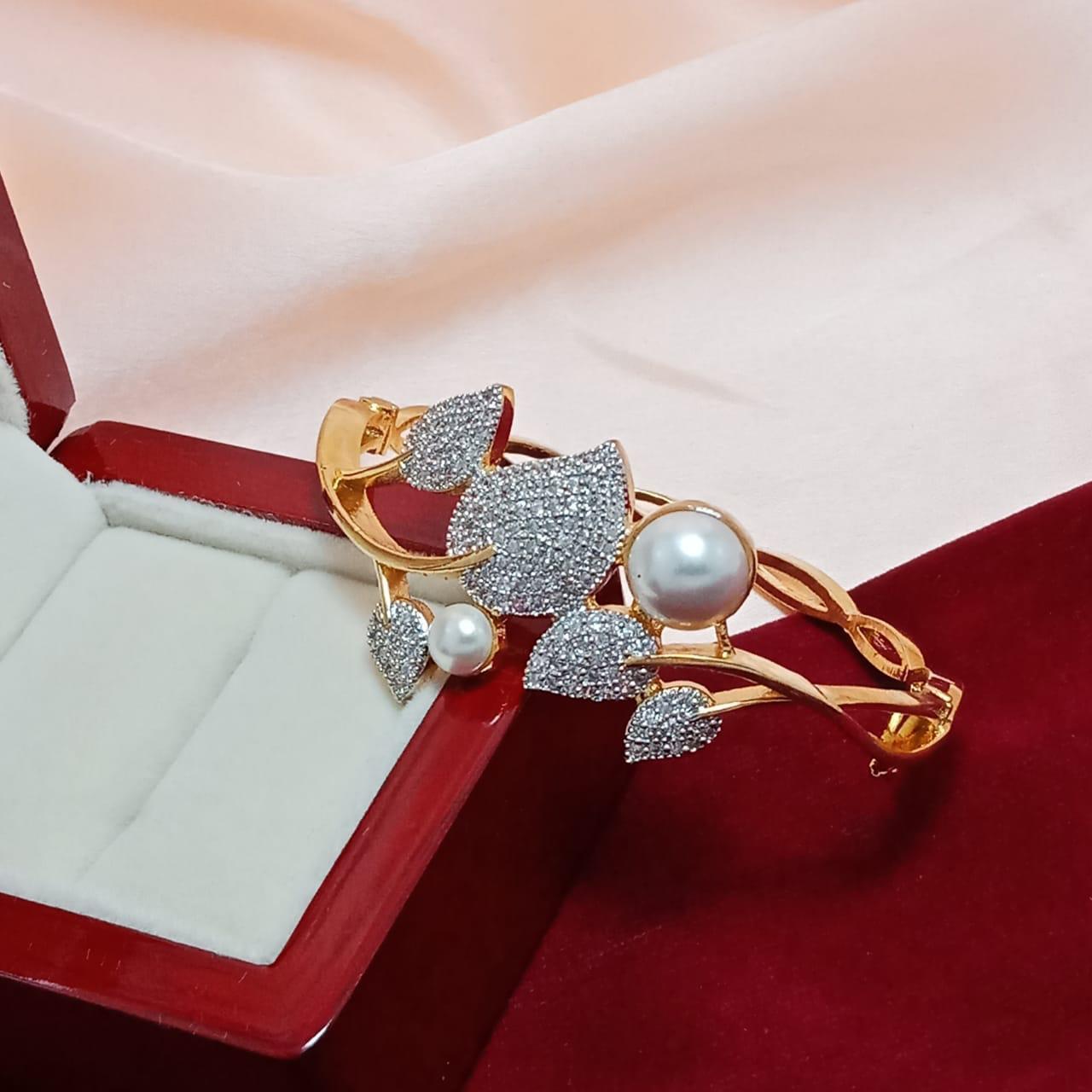 Golden Pearl & Crystal Leaf Designer Bracelet