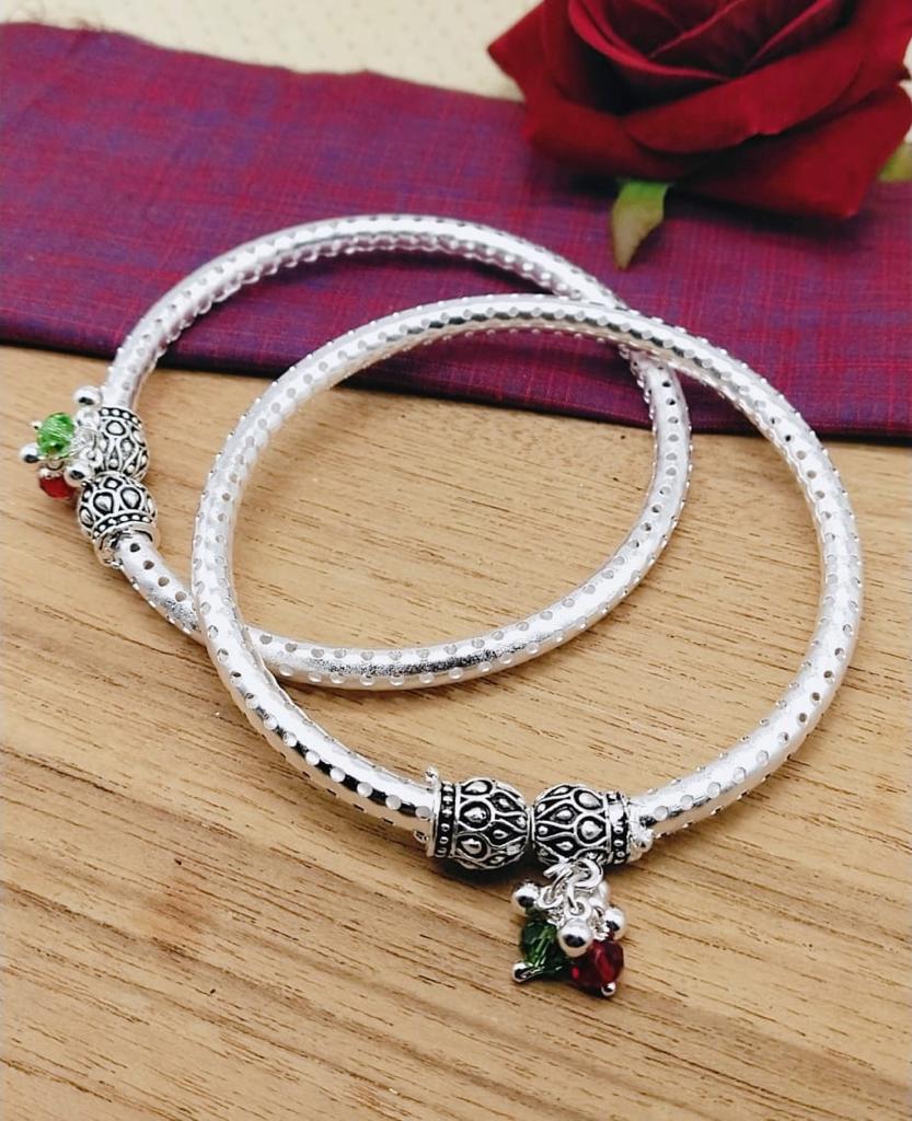 Oxidized Silver Beaded Charm Kada Anklet Set