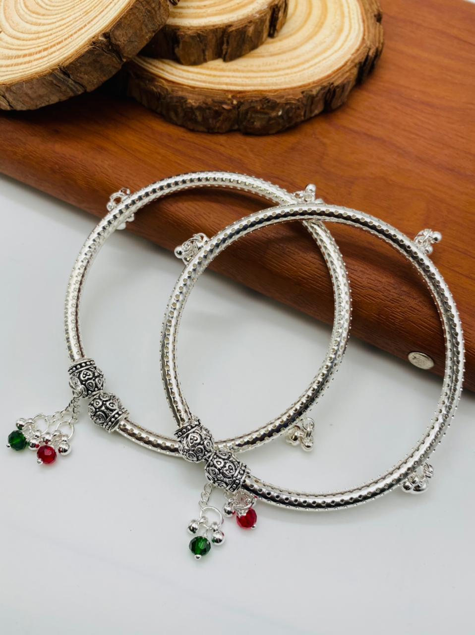 Traditional Beaded Charm Silver Kada Anklet Set