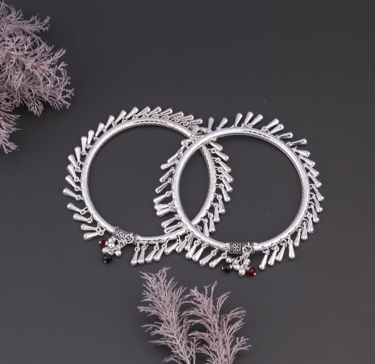 Tribal Fringe Silver Hoop Anklet Set