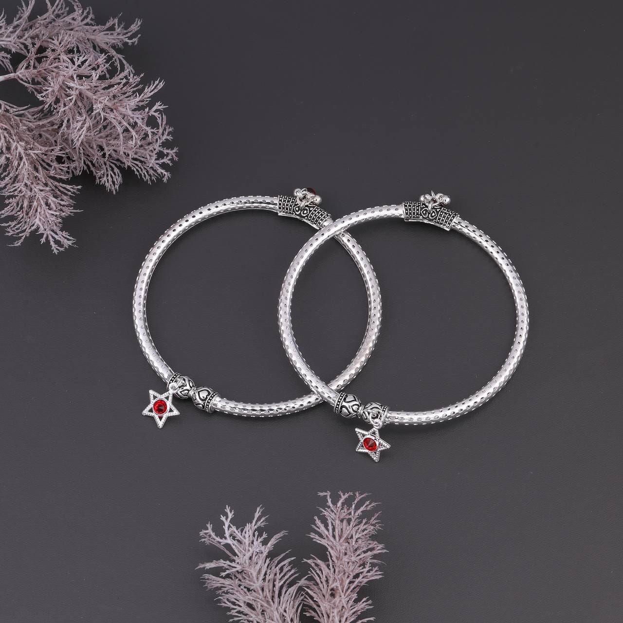Star Charm Silver Kada Anklet Set with Red Stone
