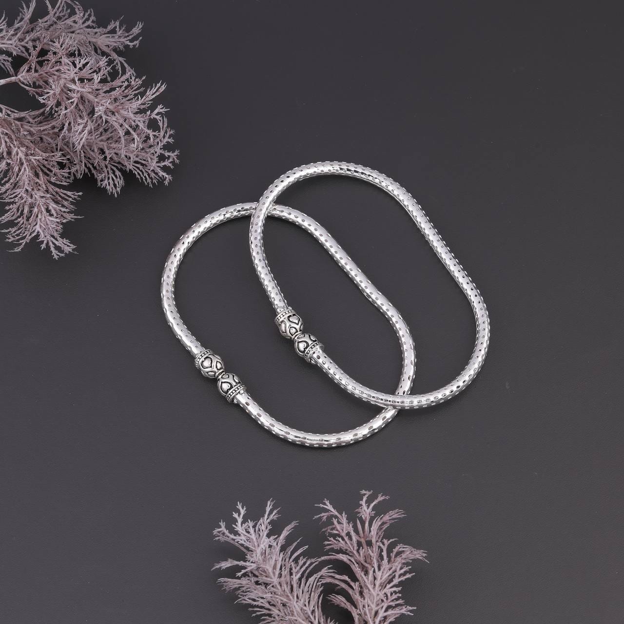Classic Textured Silver Kada Anklet Set