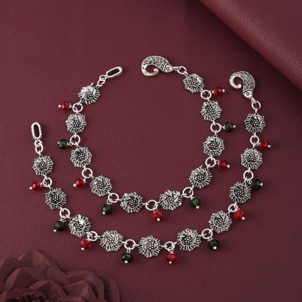 Floral Charm Silver Anklet with Red & Green Beads
