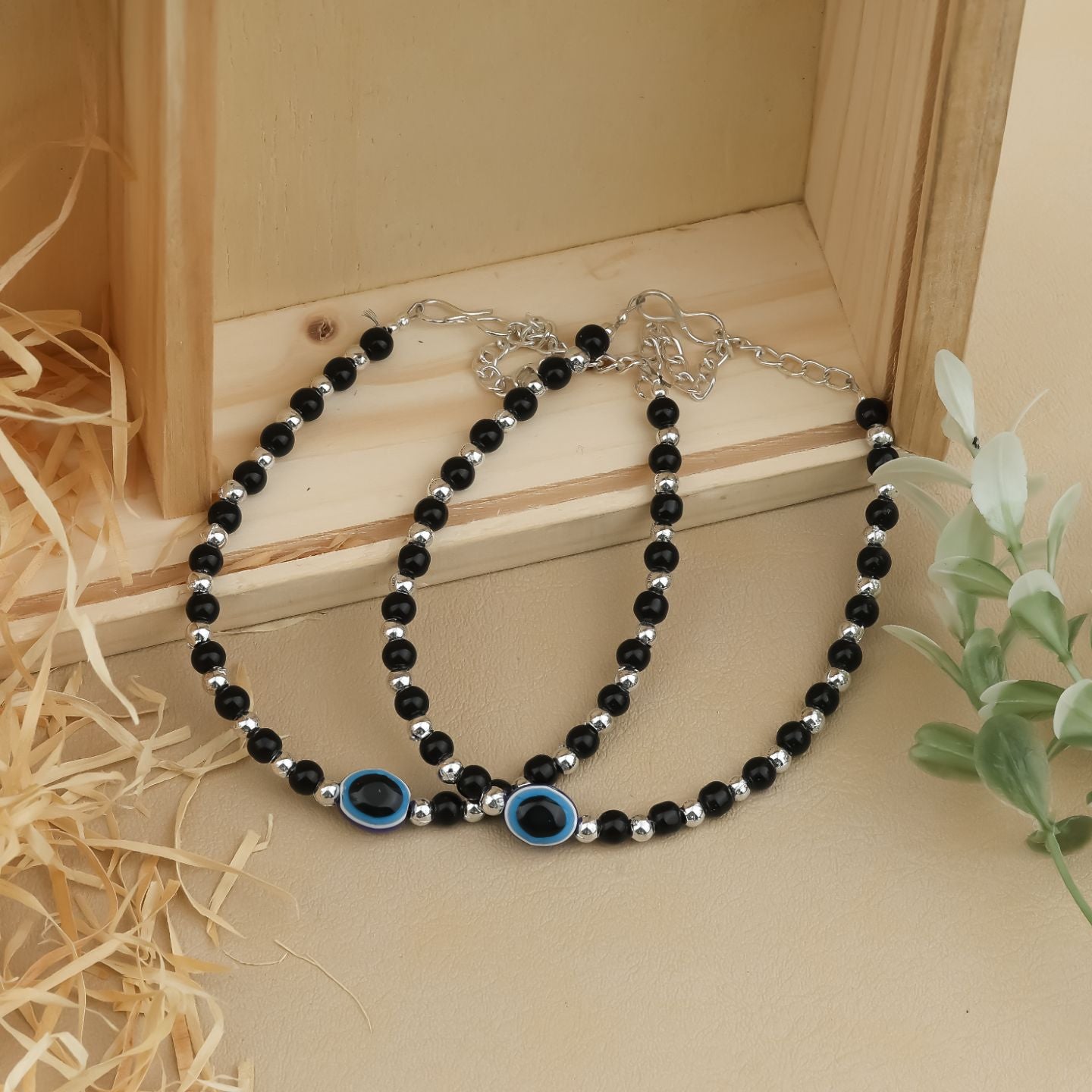 Twin Evil Eye Black Bead Anklet Set