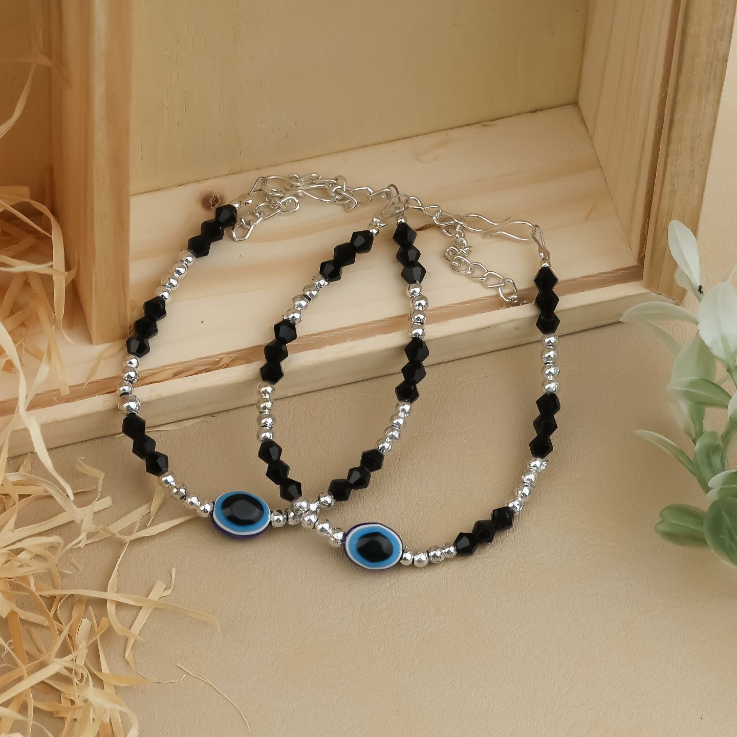 Minimal Evil Eye Black Crystal Anklet Set