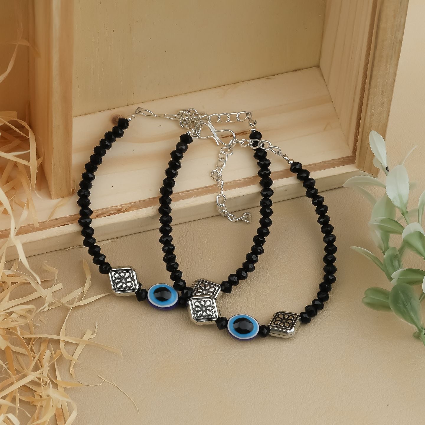 Evil Eye Charm Black Crystal Anklet Set