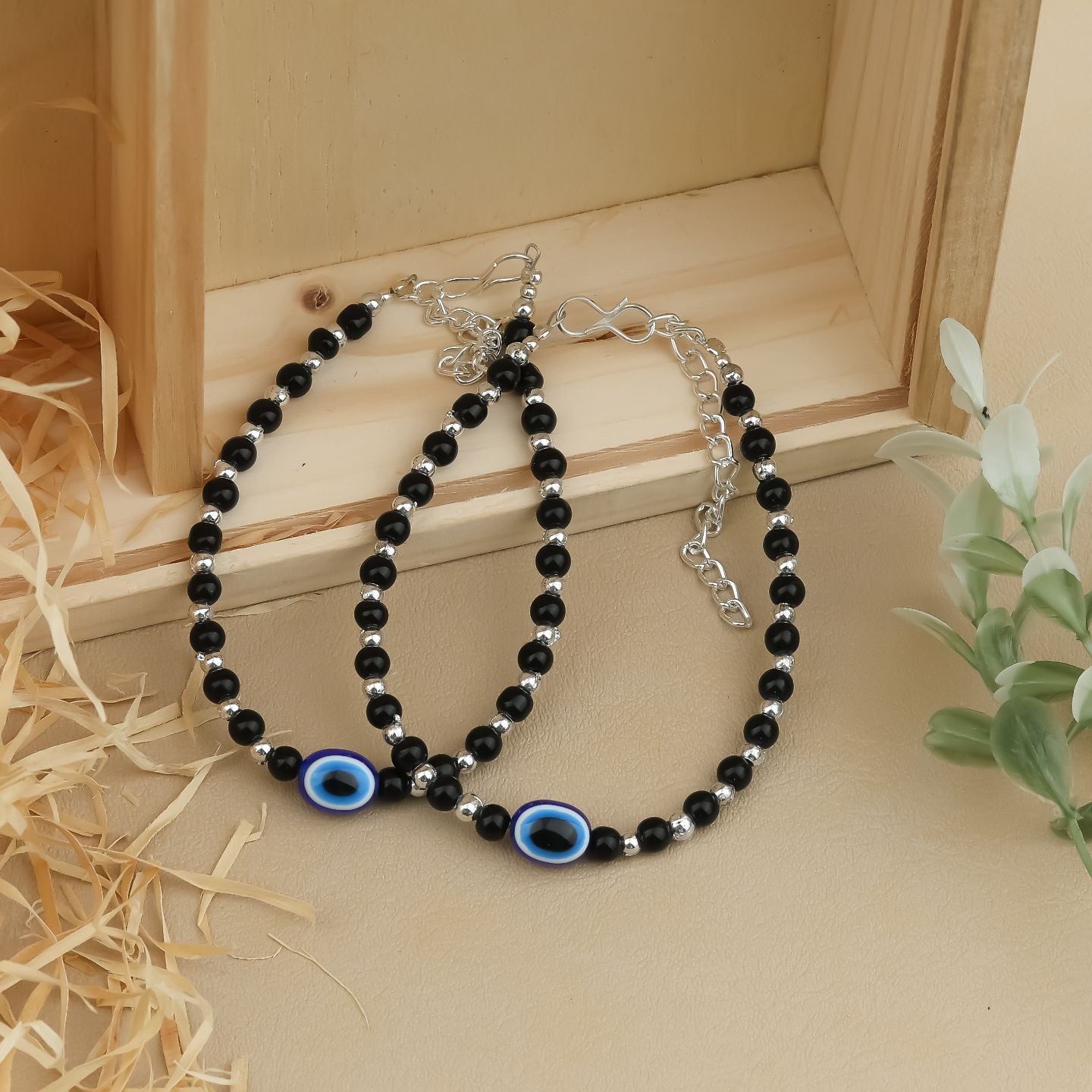 Classic Evil Eye Black Bead Anklet Set
