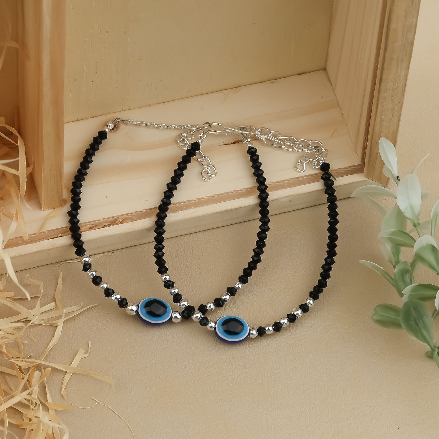 Black Beaded Evil Eye Anklet Duo