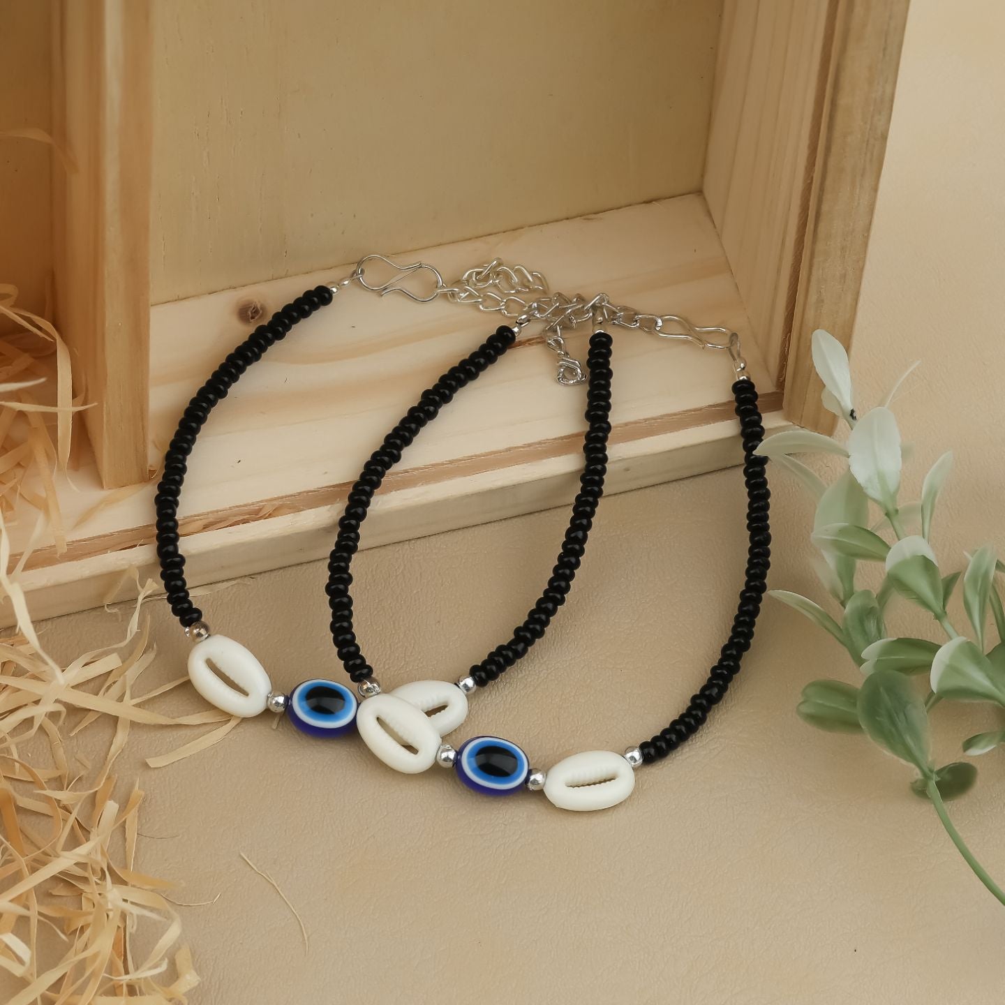 Shell & Evil Eye Black Beaded Anklet Set