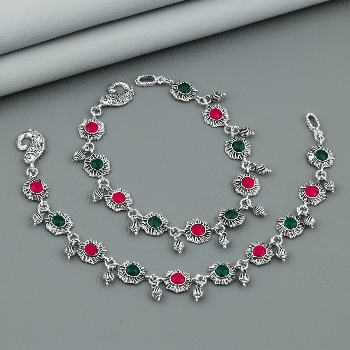 Dual Tone Floral Charm Anklet Set