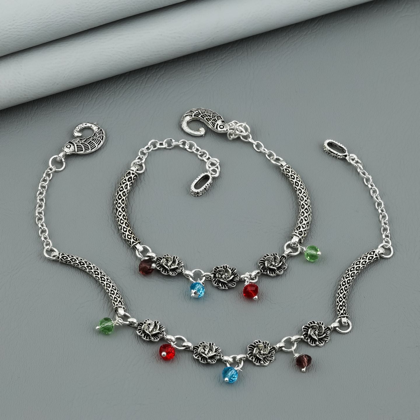 Elegant Floral Bead Silver Anklet Set