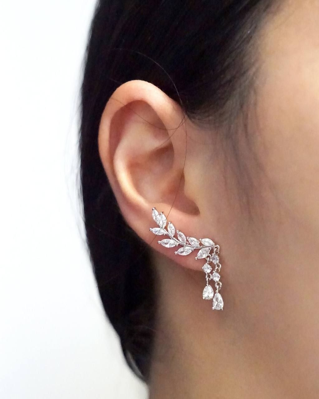 Elegant Crystal Leaf Ear Climber Earrings